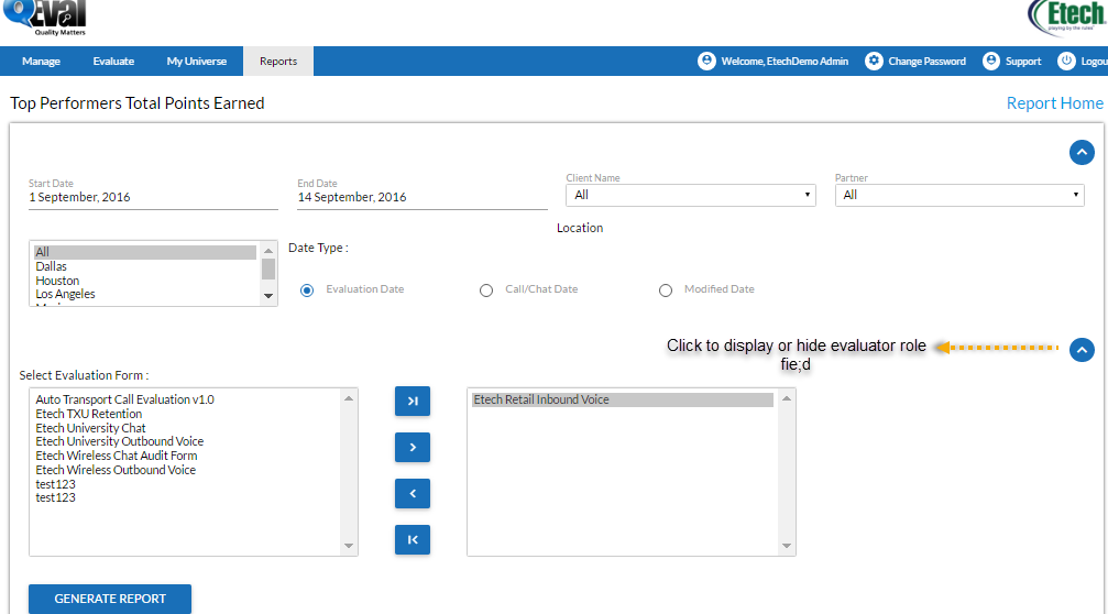 Top performers total points earned search field 