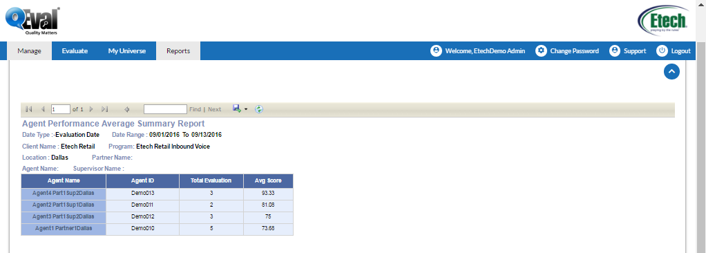 agent performance average summary report generation