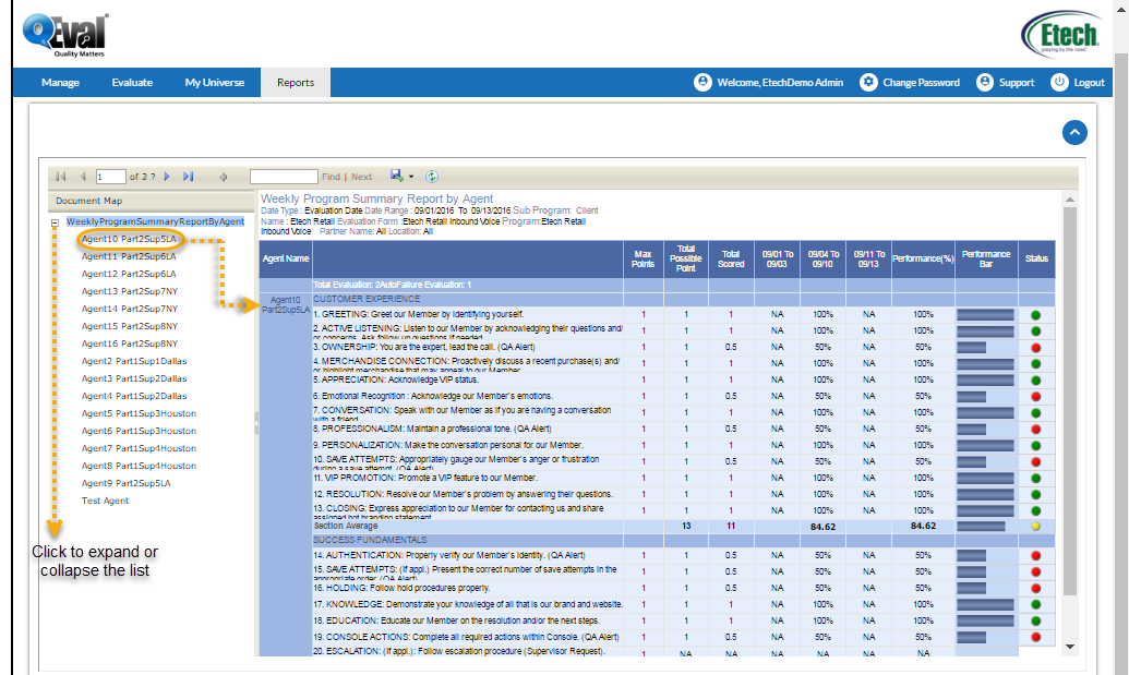 Weekly program summary report by agent report generation