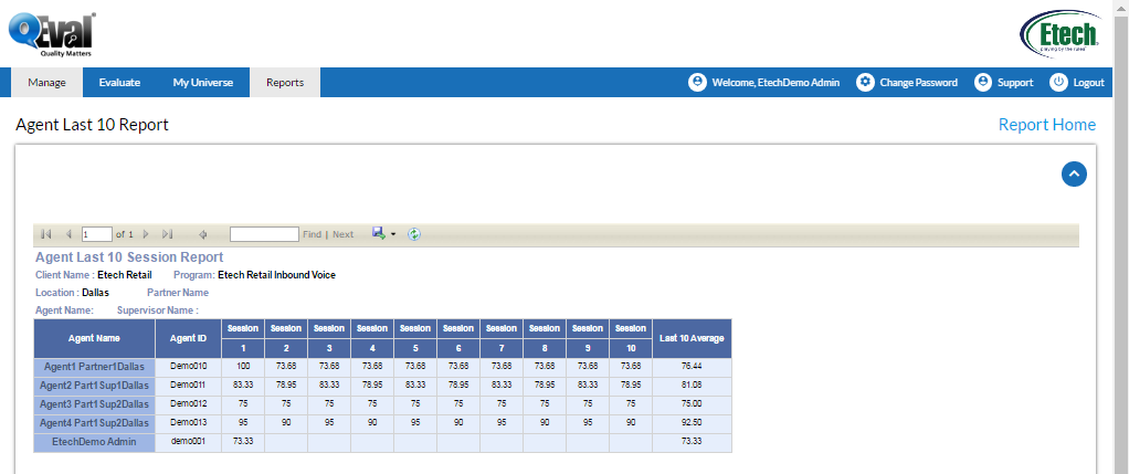 Report generation for Agent last 10 report