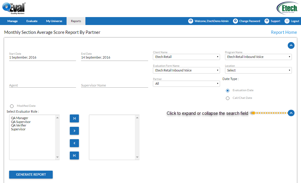 Monthly section average report by partner search field