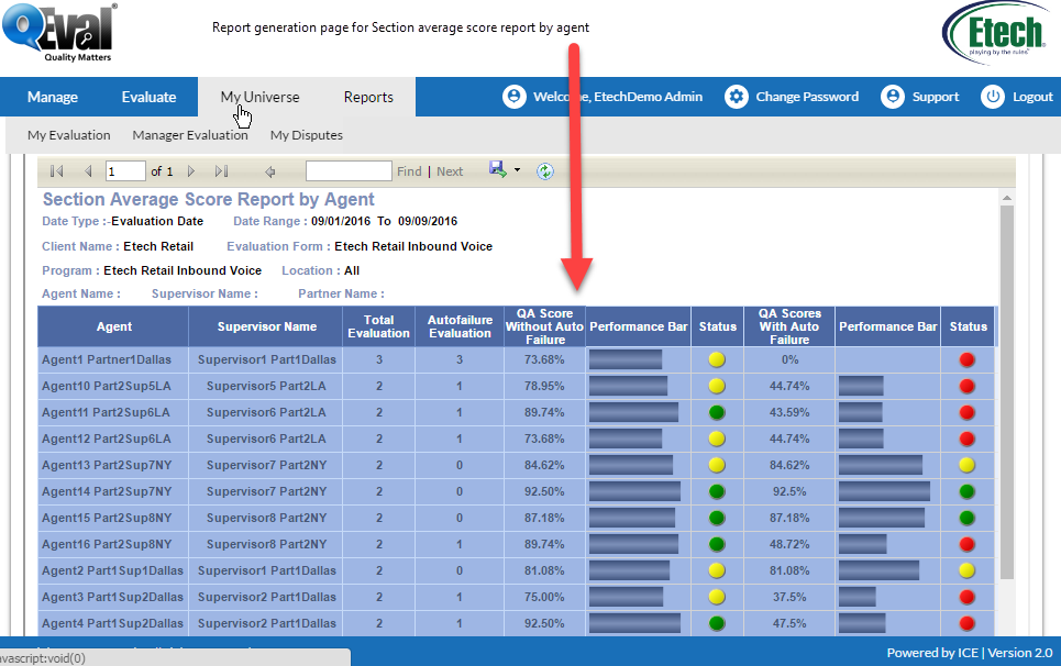 Report generation page for Section average score report by agent Part 1