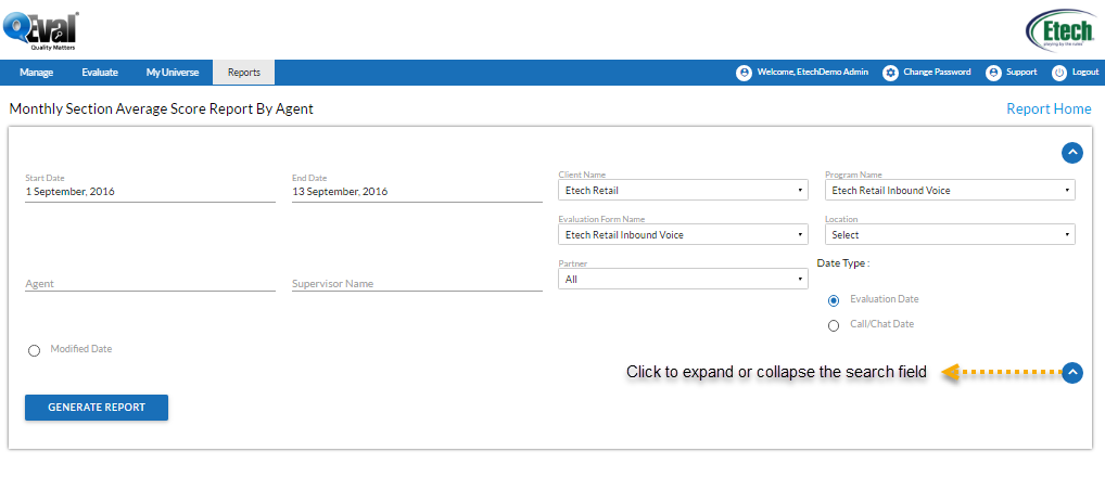 Monthly section average score report by agent search field