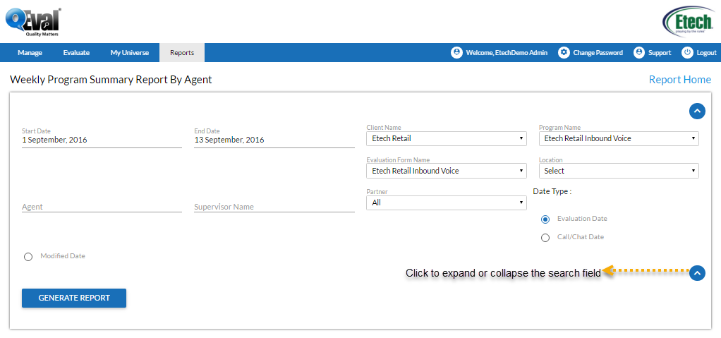 Weekly program summary report by agent search field