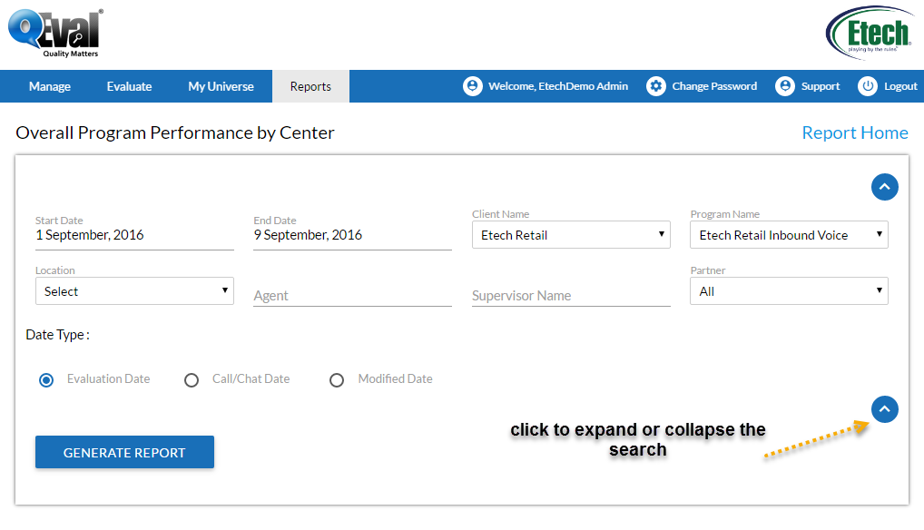 Overall program performance center search