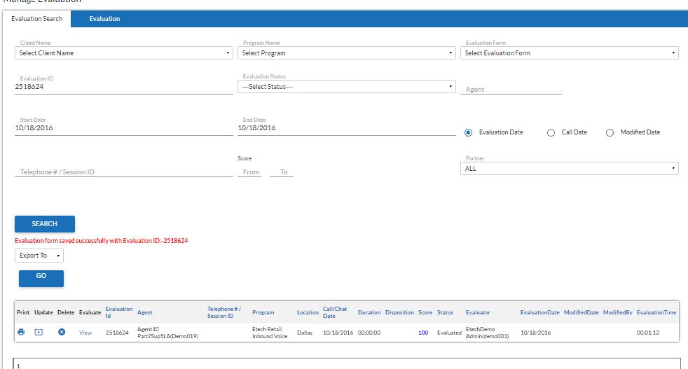 Create Evaluation Submit Screen