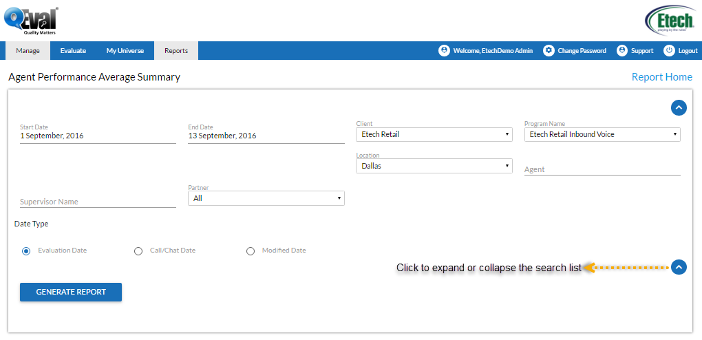 agent performance average summary search field